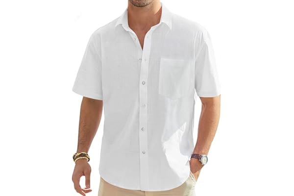 Alimens & Gentle Men's Linen Shirt Short Sleeve Casual Lightweight Button Down Beach Summer Tops