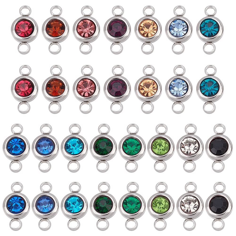 UNICRAFTALE 30pcs 15 Colors Rhinestone Pendants Metal Round Birthstone Pendants for DIY Necklace Bracelet Earrings Jewelry Making 2mm Loch Steel