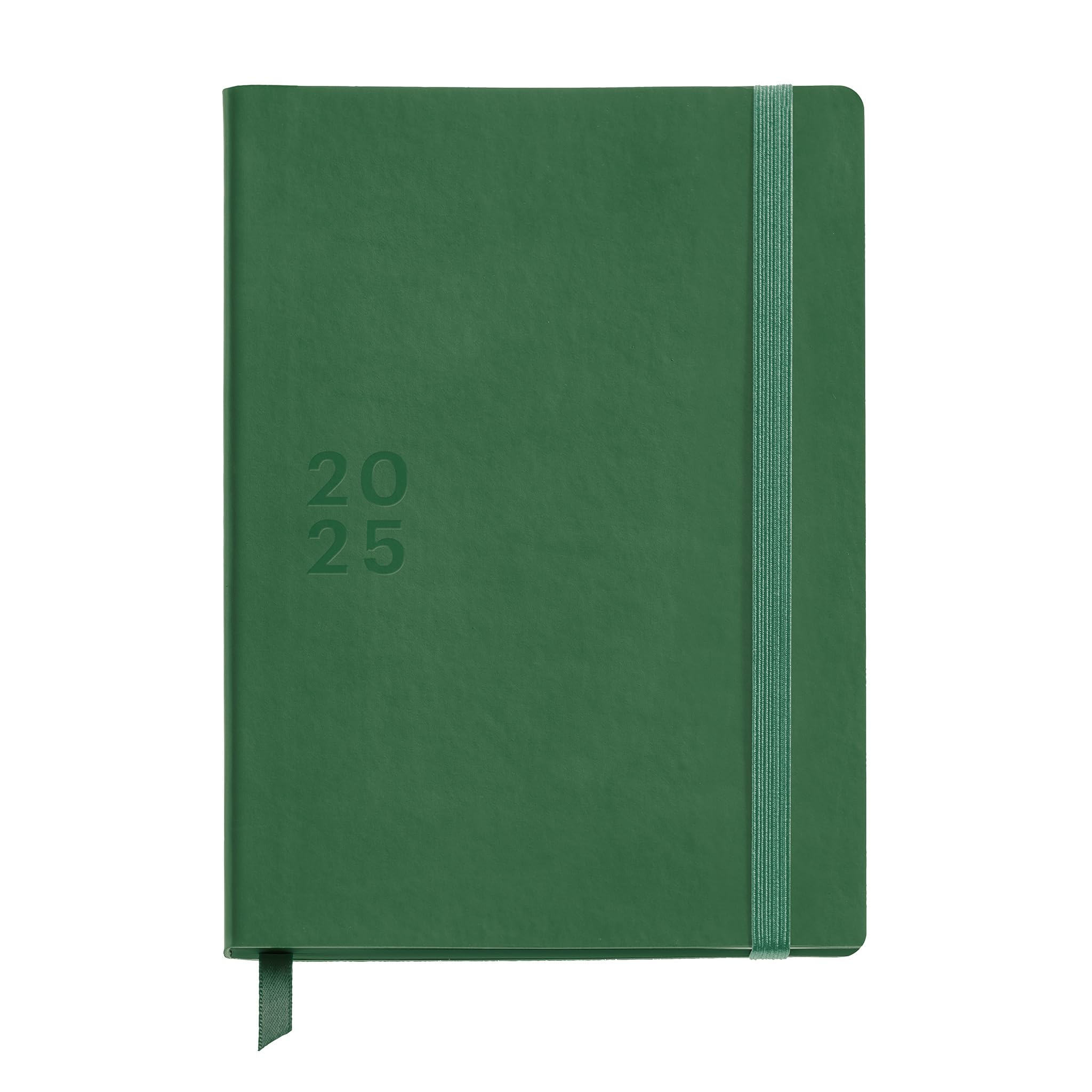 Miquelrius - 2025 Diary, Size 155 x 213 mm, Day Page Diary, Stitched Leather Cover, Sustainable Paper 100 g/m², Elastic Closure, Spanish, English and Portuguese, Green