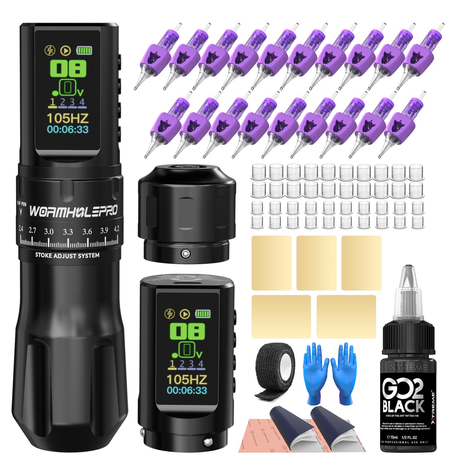 Photo 1 of WORMHOLE PRO Wireless Tattoo Gun Kit Tattoo Machine 2 Batteries 1,800mAh Power Supply, Smart Tattoo Pen, 1/2 OZ Xtreme Tattoo Ink 20 Tattoo Needles with Extra Battery RCA Jack Part, Brushless Motor