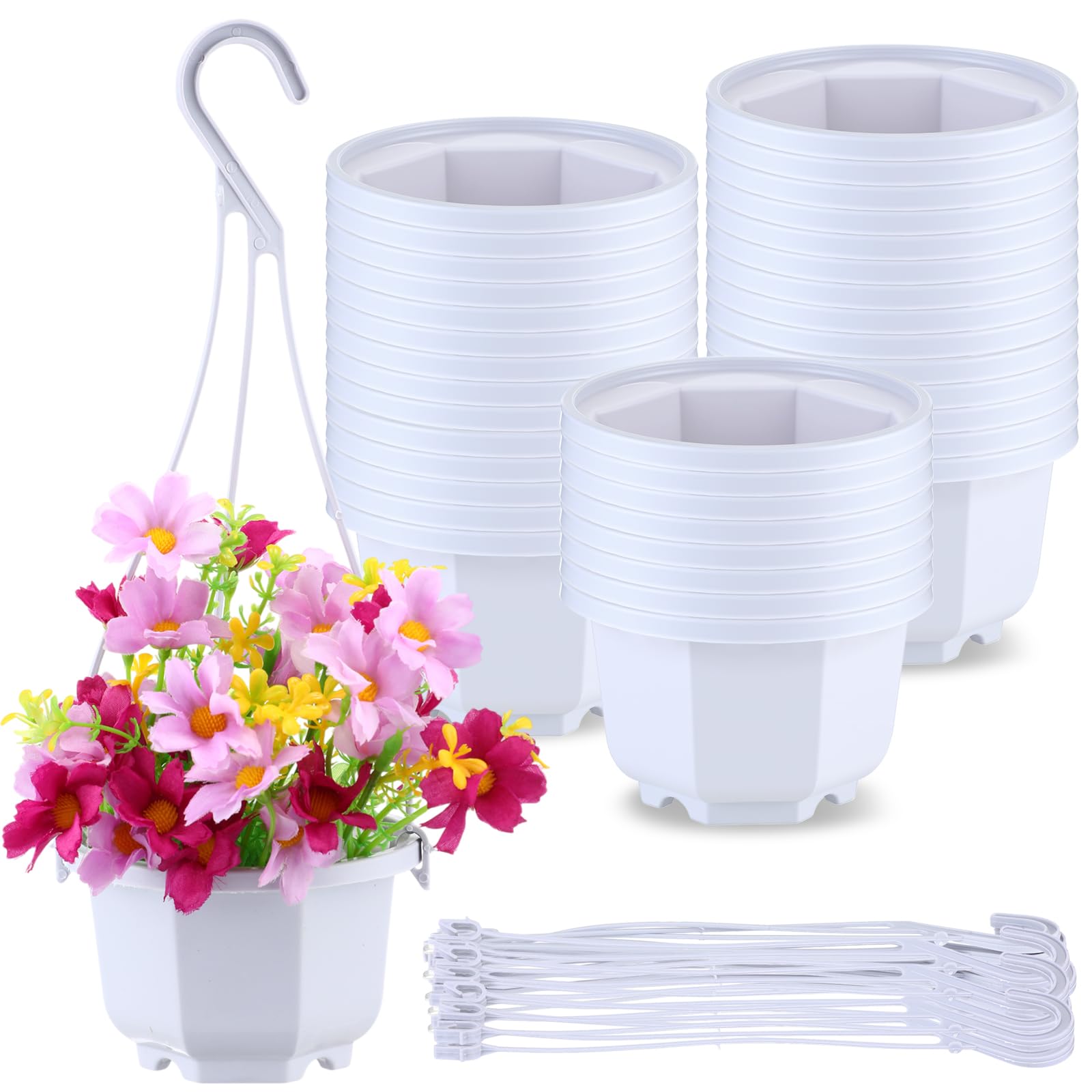 Photo 1 of Roshtia 24 Pcs Hanging Plastic Planter Pot with Hook Flower Pots Baskets Hanging Nursery Planter Holder for Outdoor Indoor Plant Garden(Ceramic White,3.7 Inch)