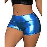 High Waisted Metallic Shorts for Women - Shiny Silver Party Shorts, Stretchy Rave Bottoms for Dance Festival