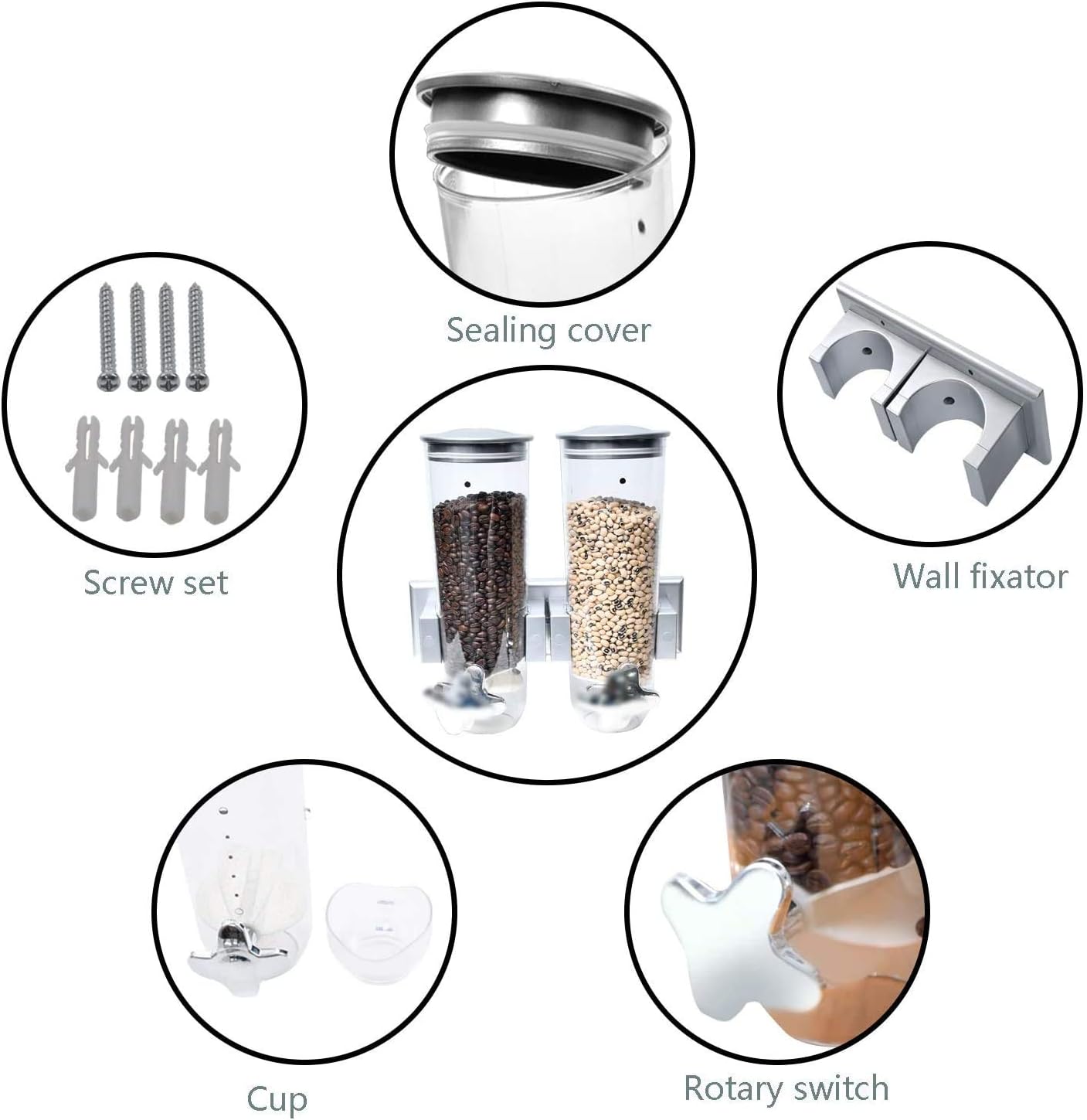 2PK Food Dispenser Wall Mount Double Dry Cereal Dispensers with 2 Cork& 2 Cup Convenient Storage Dual Control for Nuts Coffee Beans Trail Mix Candy Granola Rice Pasta Container 7.5Oz Each Cereals Bank: Kitchen & Dining