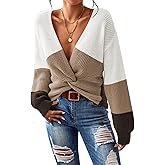 Pink Queen Women's 2025 Casual Pullover Sweaters Sexy V Neck Long Sleeve Twist Knot Cropped Knit Sweater Tops