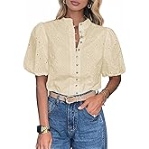 Lazysmile Summer Boho Tops for Women Short Sleeve V Neck Button Down Hollow Out Lace Embroidered Blouses Shirts