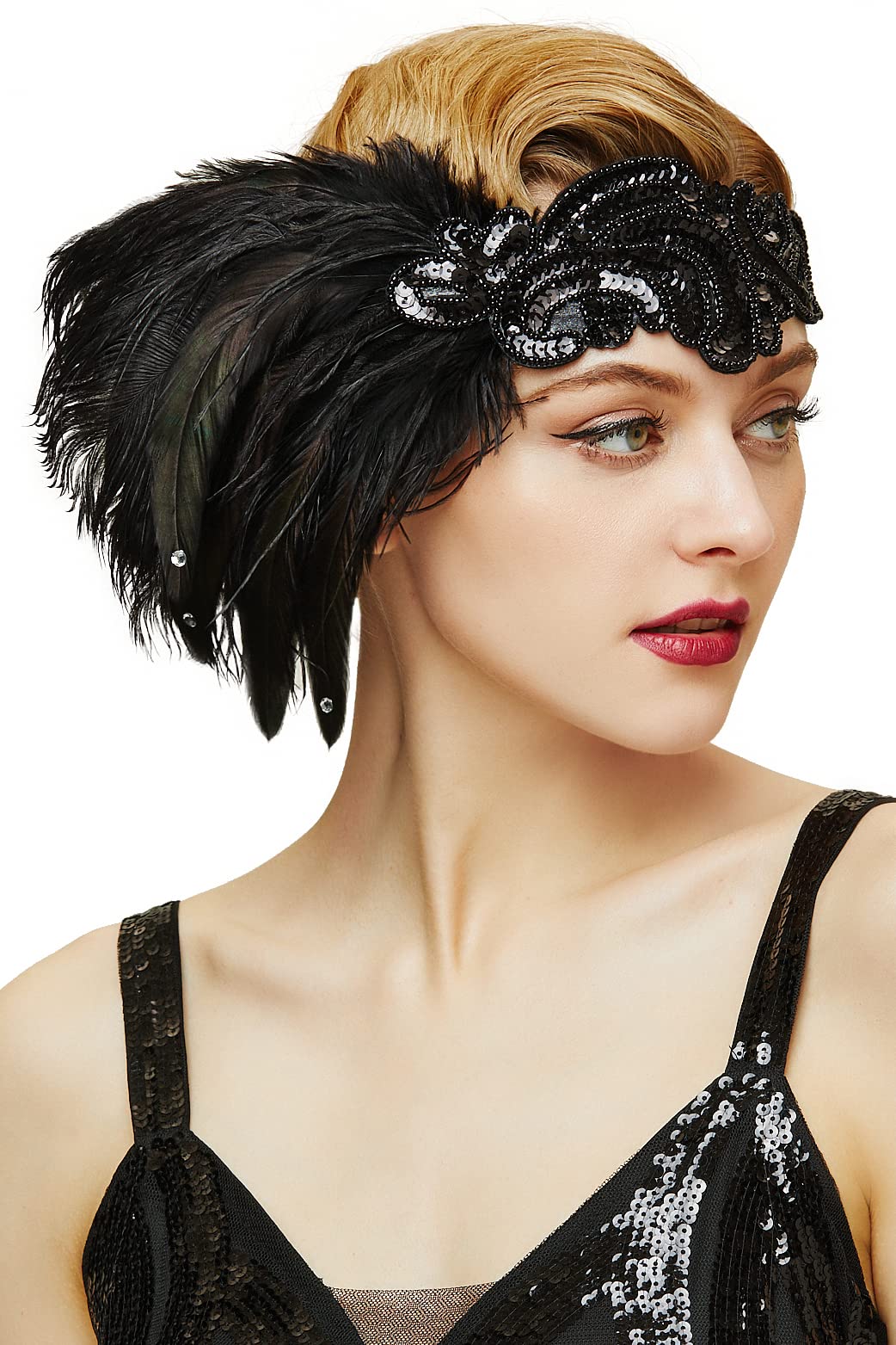 BABEYOND Feather Headpiece - 1920s Flapper Headband with Crystal Feathers - Great Gatsby Costume Accessory (Black-1)