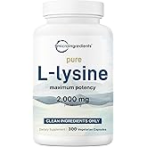 Pure L-Lysine 2,000mg, 300 Veggie Capsules | Maximum Potency, Easily Absorbed, Free Form | Essential Amino Acid for Collagen, Lip, &amp; Immune Support | Clean Ingredients Without Fillers