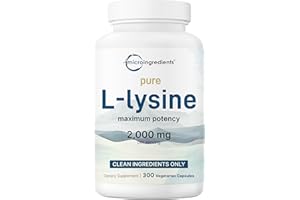 MICRO INGREDIENTS Pure L-Lysine 2,000mg, 300 Veggie Capsules | Maximum Potency, Easily Absorbed, Free Form | Essential Amino Acid for Collagen, Lip, & Immune Support | Clean Ingredients Without Fillers