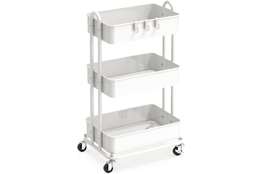 Simple Houseware 3-Tier Heavy Duty Metal Utility Rolling Cart, White