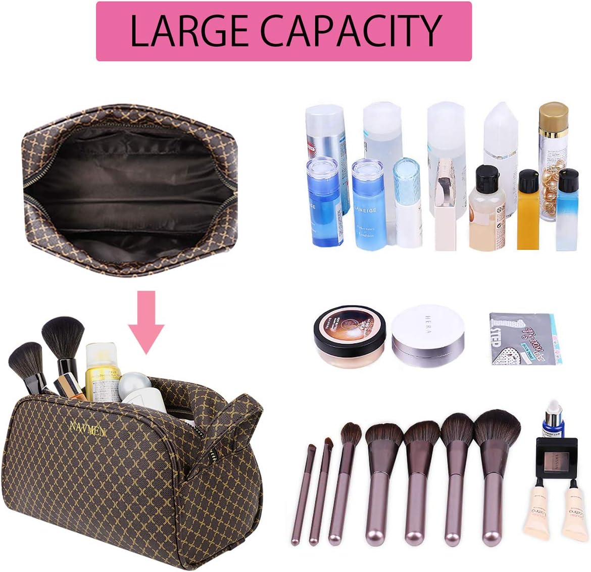 Large Travel Cosmetic Bag Organizer Toiletry Bag Portable Makeup Bag for Women Girls PU Leather Metal Zipper for Business School Sating Shopping (Brown)