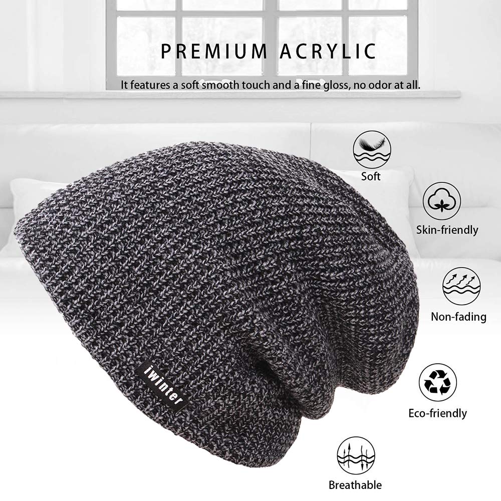 4YOUALL Beanie Hat for Men and Women, Fleece Lined Winter Warm Soft Nap Hats Knit Slouchy Thick Skull Cap (Plain Knit, Black Grey)