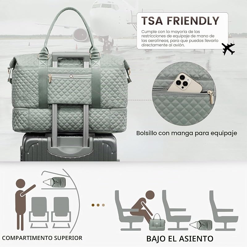 Bolsa de Viaje Mujer Bolsa Deporte Mujer Grande Maletas de Cabina Avion Travel Duffle Bag Bolso Maternidad Hospital Equipaje de Mano con Neceser Organizador para Viaje Gym Playa Sauna