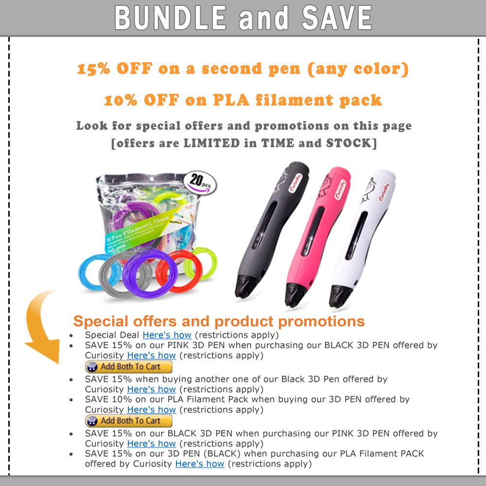 3D Printer Pen - Simple & Fun 1 Button Operation 3D Pen for Kids, Teens and Adults - Includes Two PLA Filaments, USB & BONUS Safety Shovel Tool by Curiosity