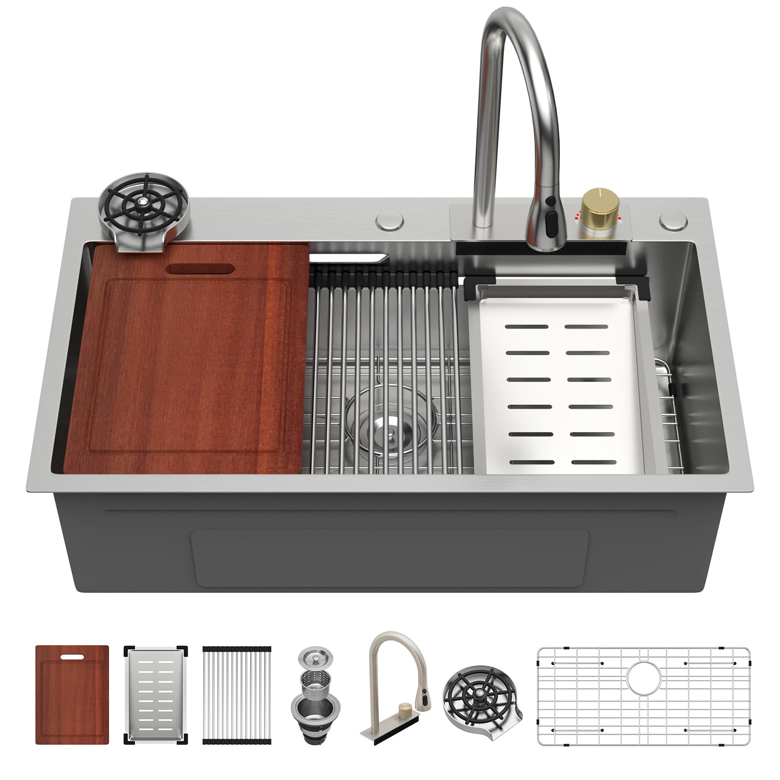 Sarlai Waterfall Kitchen Sink - 33x19 Drop In Sink 33 Inch Topmount Workstation Stainless Steel 16 Gauge Single Bowl Waterfall Kitchen Sink Handmade with Faucet & Glass Rinser Image