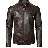 HOOD CREW Men’s Faux Leather Jacket Cool Biker Jackets Vintage Stand Collar Lightweight Leather Outwear Coat
