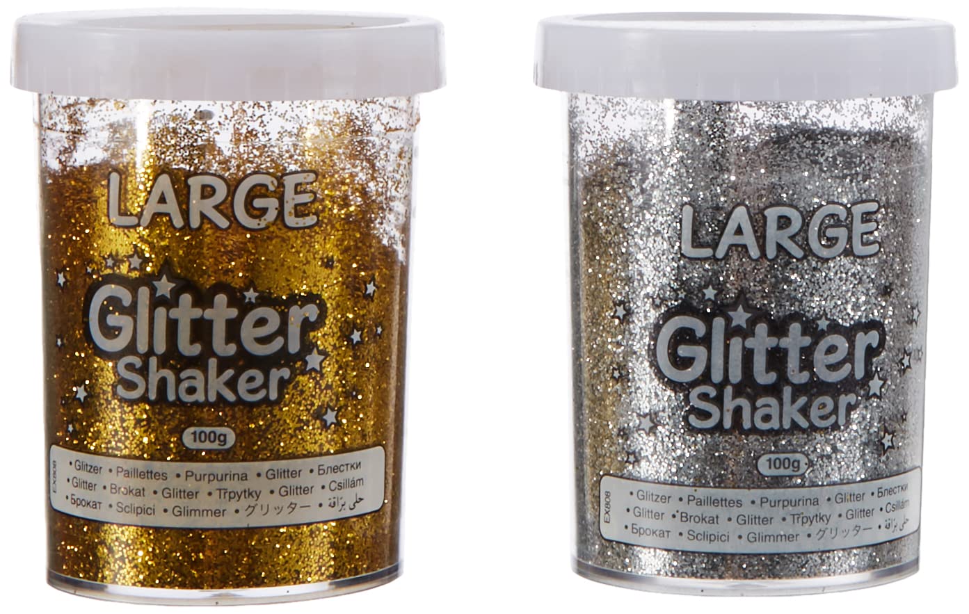 Baker Ross Jumbo Gold and Silver Glitter Shakers for Kids Arts and Crafts — Large Glitter Containers Ideal for Crafting in Classrooms, Schools, and Preschools (Pack of 2),100g