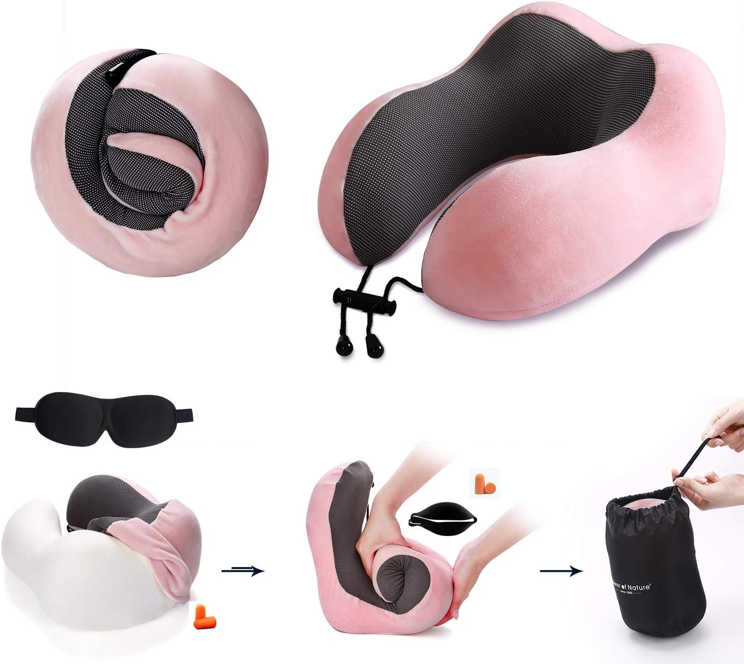 Power of Nature Travel Pillow Luxury Memory Foam Neck & Head Support Pillow Soft Sleeping Rest Cushion for Airplane Car & Home Best Gift(Pink): Home & Kitchen