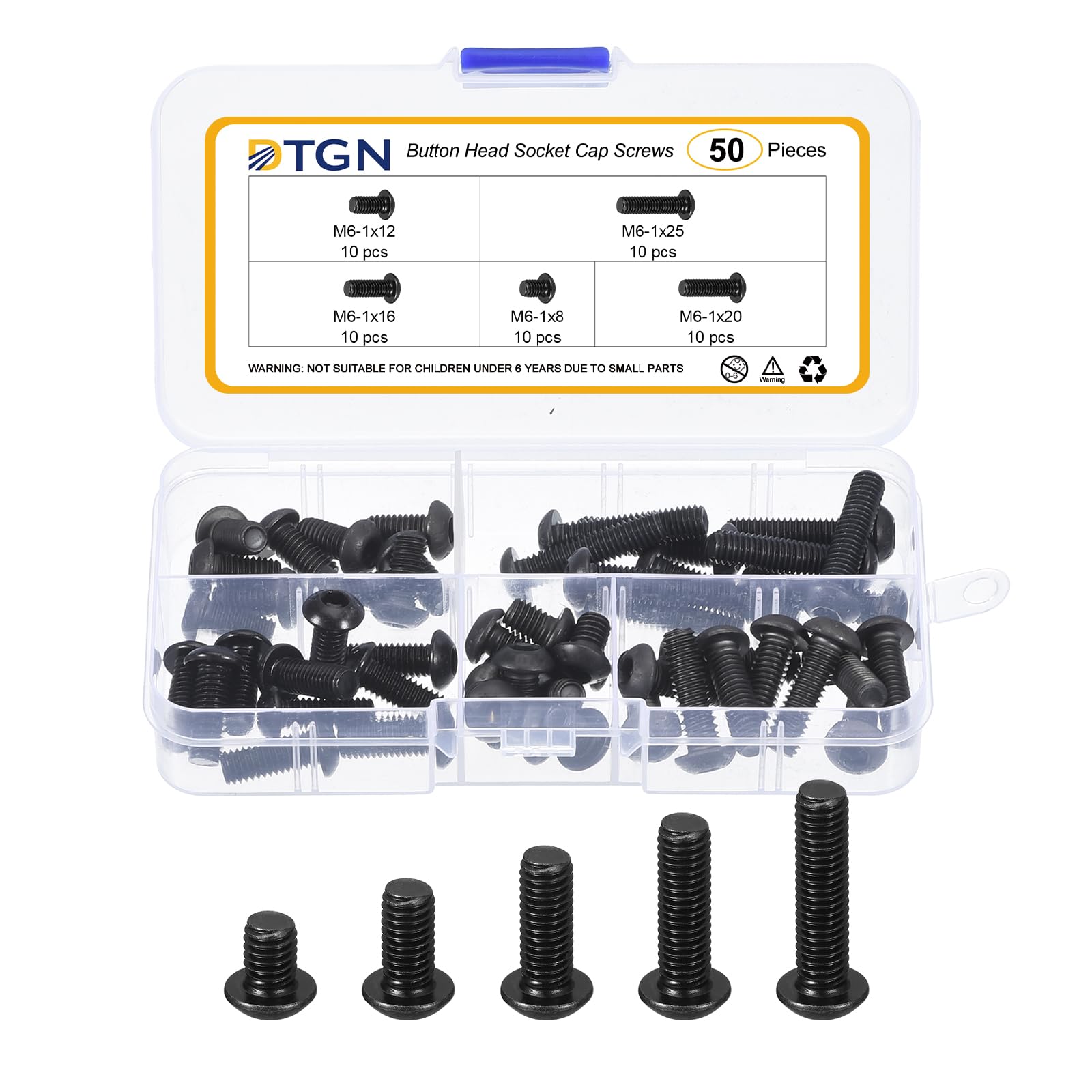 DTGN 50Pcs M6-1x8/12/16/20/25mm Button Head Socket Cap Screws - Carbon Steel Bolt Set Assortment Kit - Good for Road Bicycle, Mountain Bike, Auto