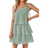ZESICA Women's Boho Summer One Shoulder Sleeveless Ruffle Tiered Layered Chiffon Pleated A Line Flowy Mini Dress