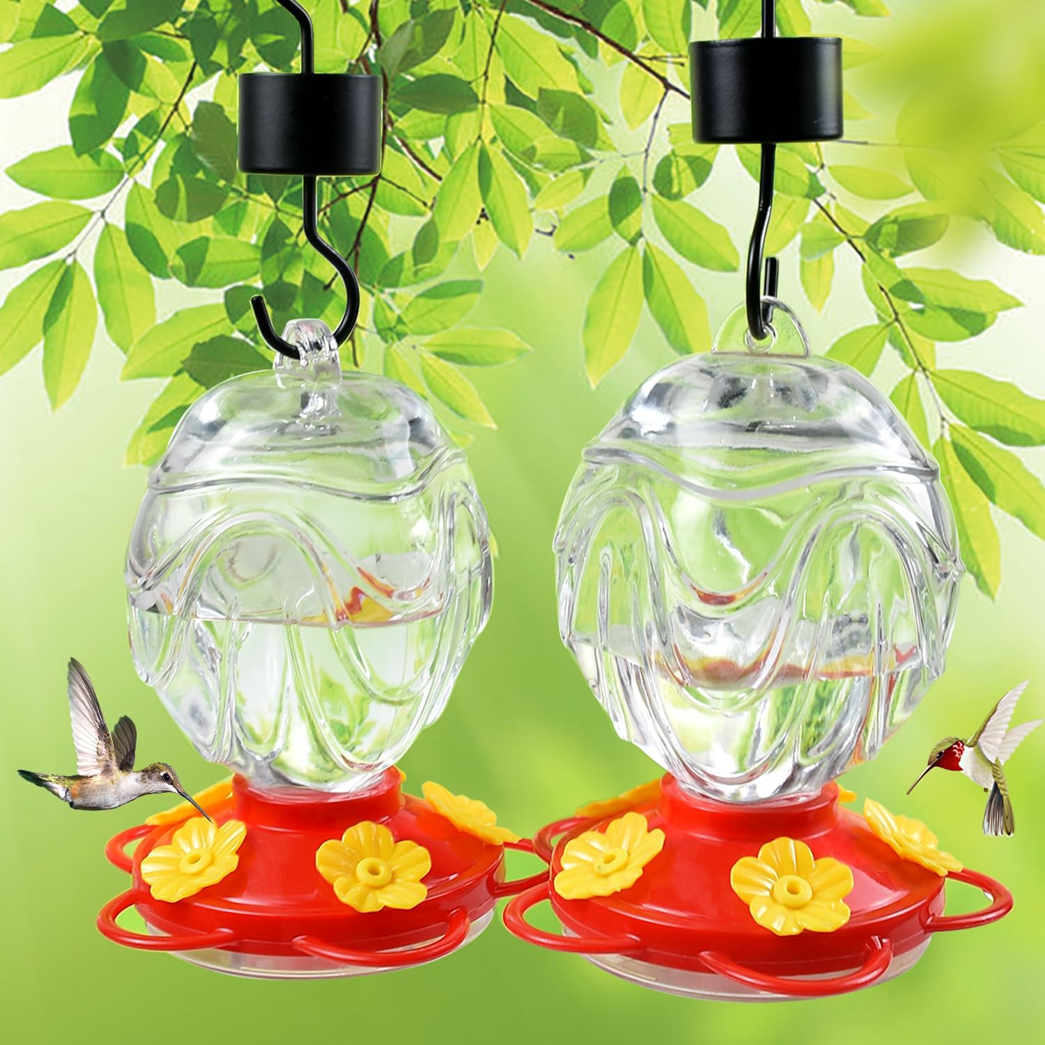 Backyard Birding & Wildlife - JALAMWANG Glass Hummingbird Feeders for Outdoors Hanging 15 oz Sealed and Leak- Proof Easy to Clean and Fill Containing Ant Moat, for Attract Hummingbird (Pack of 2, Clear)
