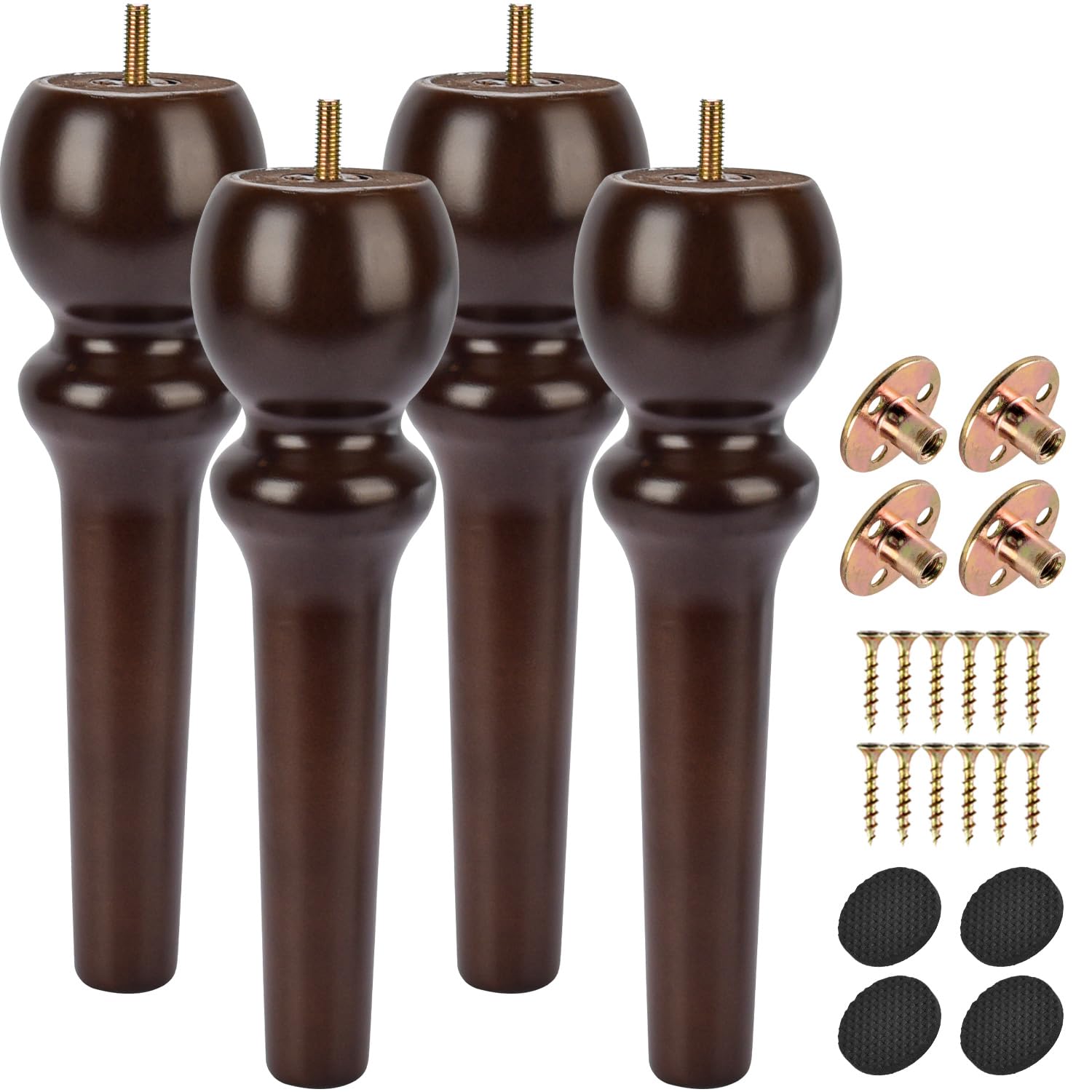 10.4 Inch / 24cm Solid Wood Furniture Legs, 4Pcs Wooden Sofa Legs Large Turned Walnut Bun Feet With Threaded M8 Hanger Bolt& Mounting Plate& Screw Cabinet Couch Ottoman TV Stand Bed Chair