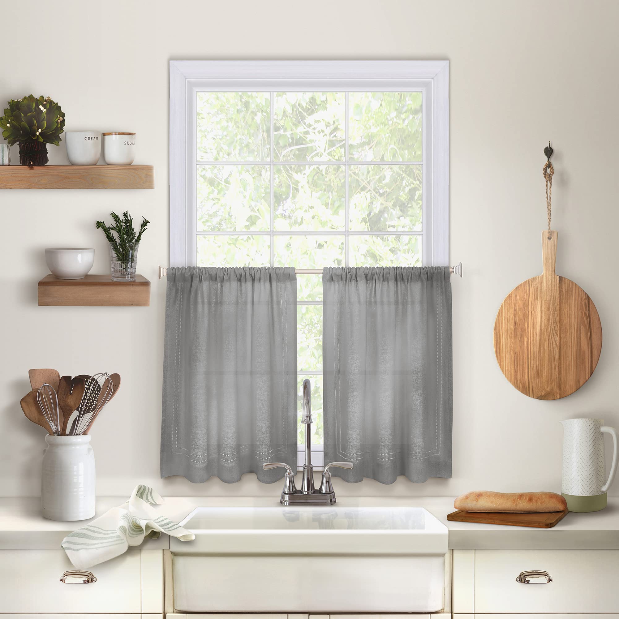 Elrene Home Fashions Cameron Linen Tier Curtains, 30" W x 36" L Each (Set of 2 Tiers), Gray — image 1