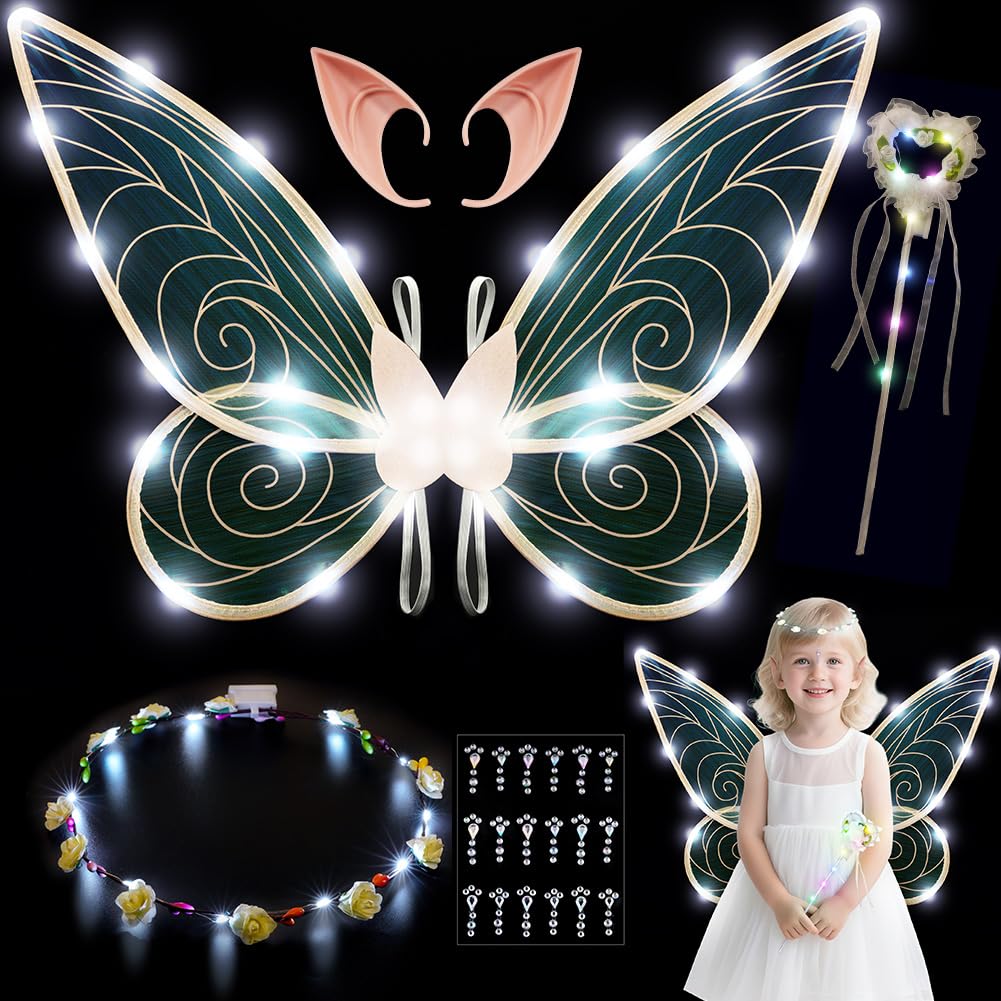 AOOWU Light up Fairy Wings, Kids Butterfly Wings Cape Fairy Angel Princess Costume Fairies Wing Set With Wands Crown Ears Flower Headband Diamond Sticker for Halloween Birthday Chrismas (A)