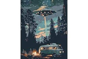 Tucocoo Starry UFO DIY Paint by Numbers for Adults Bus in Forest DIY Oil Painting Acrylic Paint Art Moon Stars Painting Kits Canvas with Acrylic Paint UFO Fantasy Decor 16x20 Inch （Without Frame ）