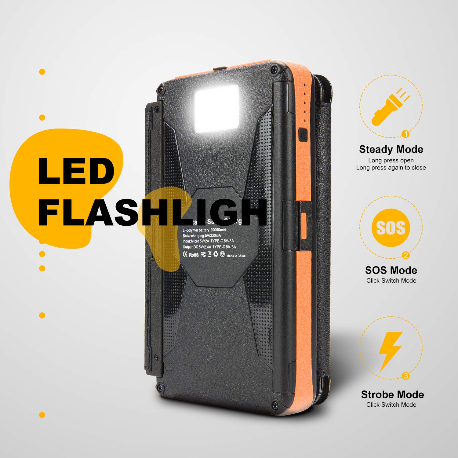 20000mAh Solar Charger with Dual 5V/2.4A Outputs and Quick Charge Type C 5V/3A Output/Input,Solar Power Bank with 4 Waterproof Foldable & Removable External Battery Pack,Works for Smartphone and More