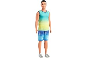 Barbie Fashionistas Ken Doll #236 with Black Hair, Wearing Blue and Green Ombre Tank with Jean Shorts and Silver Sneakers