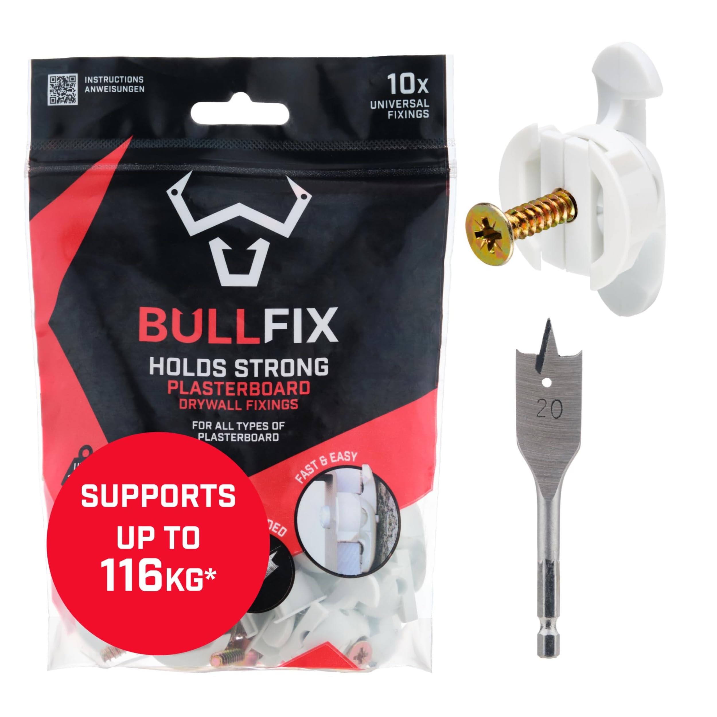 Bullfix Universal Plasterboard Fixings Heavy Duty - Starter 10 Pack, Drywall Anchor for Dot & Dab, Stud & Hollow Cavity, Wall Anchor Kit with Screws, Holds Up To 116kg, 20mm Drill Bit — image 1
