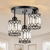 HTEJVE Black Crystal Ceiling Light Fixture, 3-Light, E26 | Modern Semi Flush Mount Ceiling Light, Kitchen Lighting Fixtures Ceiling for Hallway Bedroom Bathroom Laundry Room