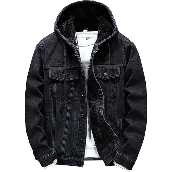 QOAAIE Mens Fleece Lined Denim Hoodie Jacket Casual Long Sleeve