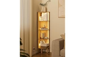 Acodaiuy Corner Shelf, 5 Tier Corner Bookshelf with LED Light,Wall Display Corner Shelf Stand with Storage Rack for Living Room,Bedroom,Office,Oak