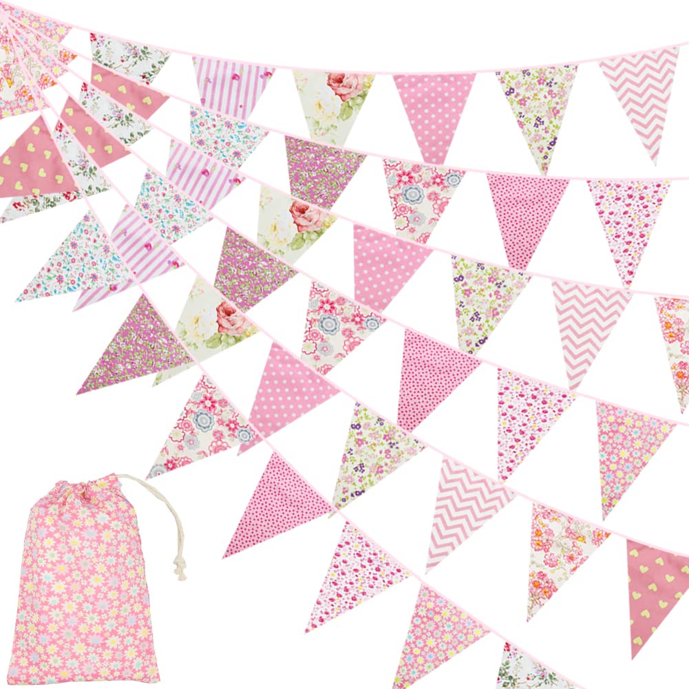 40ft Pink Fabric Bunting Banner,Floral Bunting 42 Pcs Pink Pennant Triangle Flags Garland with Storage Bag for Girls Woman Kids Birthday Wedding Bride Baby Shower Party Decoration
