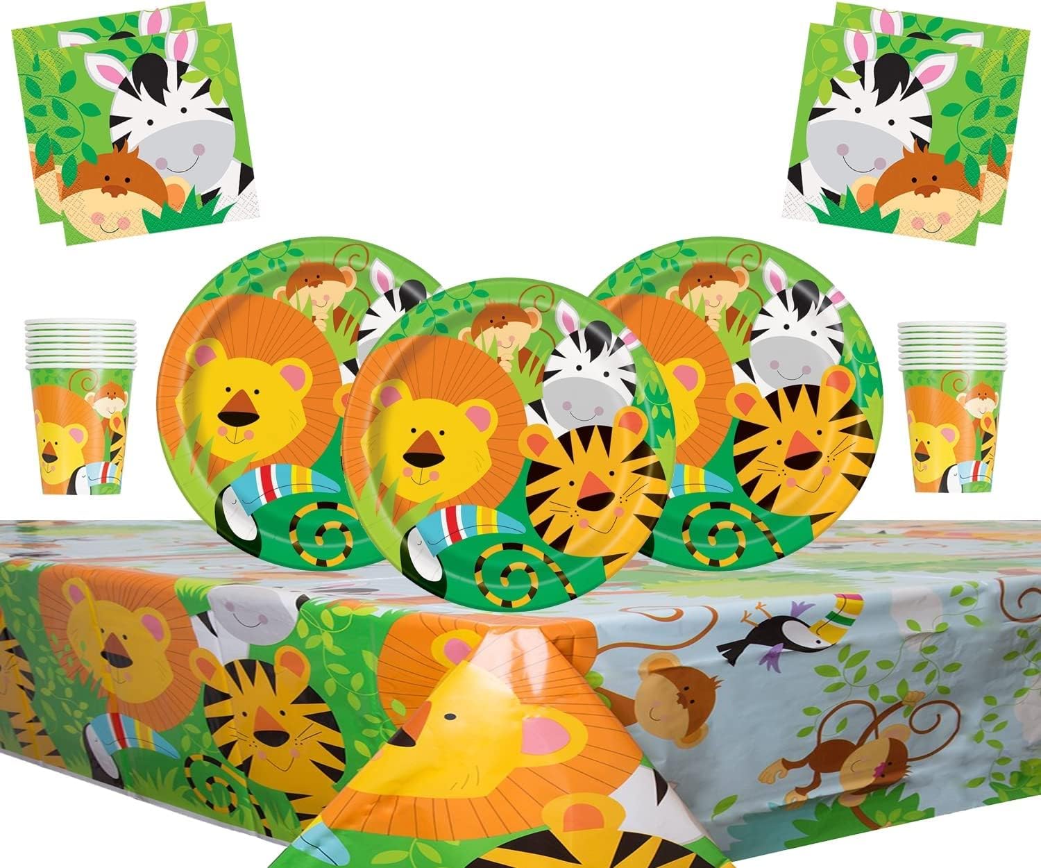 Offer Shop Jungle Animal Party supplies Tableware Kids Birthday Party-16 Plates 16 Cups 16 Napkins 1 Tablecloth-Serves 16 Guests — image 1