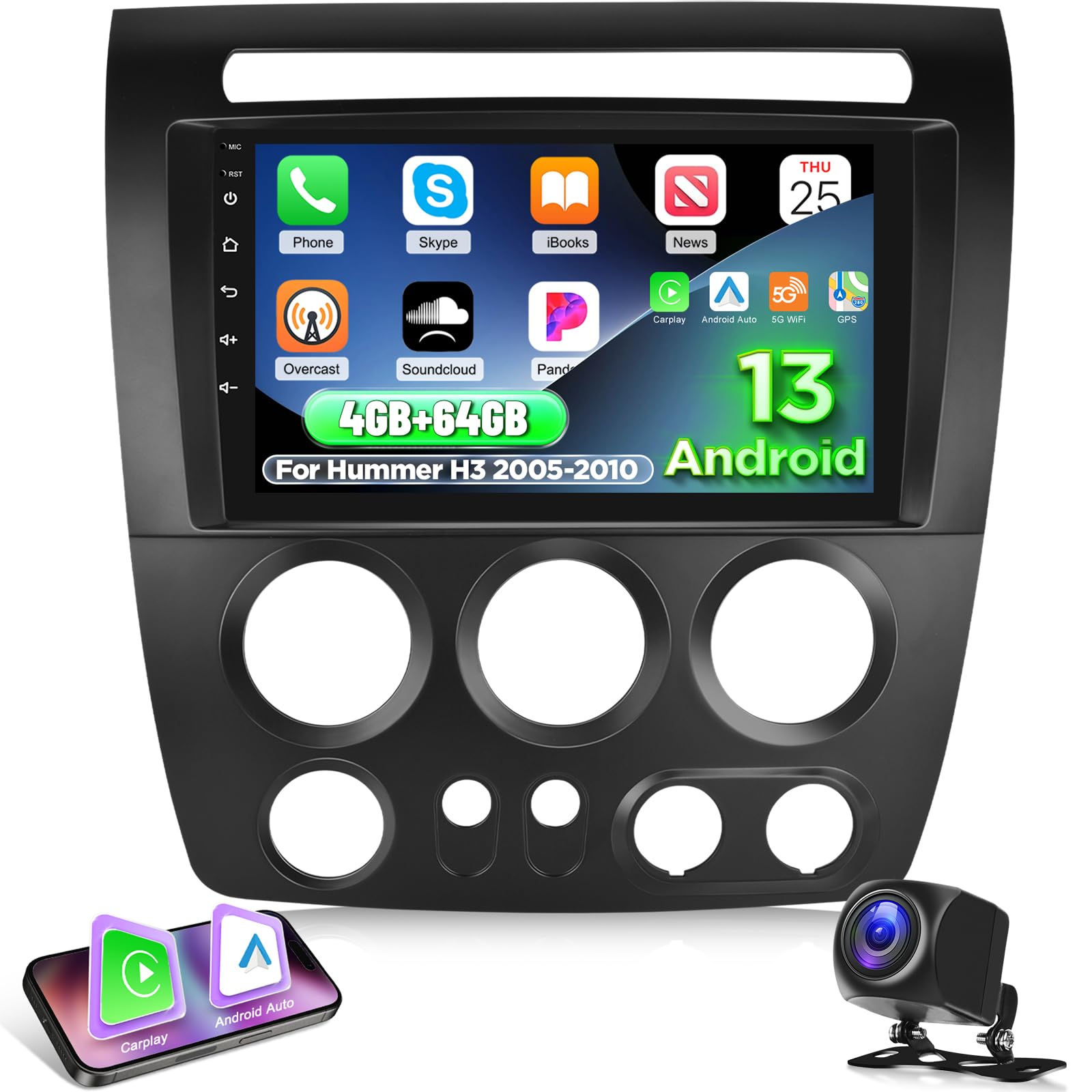 Photo 1 of [4+64G] for Hummer H3 2005 2006 2007 2008 2009 2010 Android Car Stereo - Wireless Carplay & Android Auto - 9 Inch Touchscreen Radio with 32EQ DSP/WiFi/GPS/SWC/Mirror Link + AHD Rear View Camera, MIC