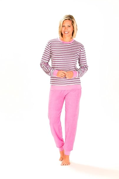 Unbekannt Damen Frottee Pyjama lang mit Bündchen - Geringelt - Rundhals 53210