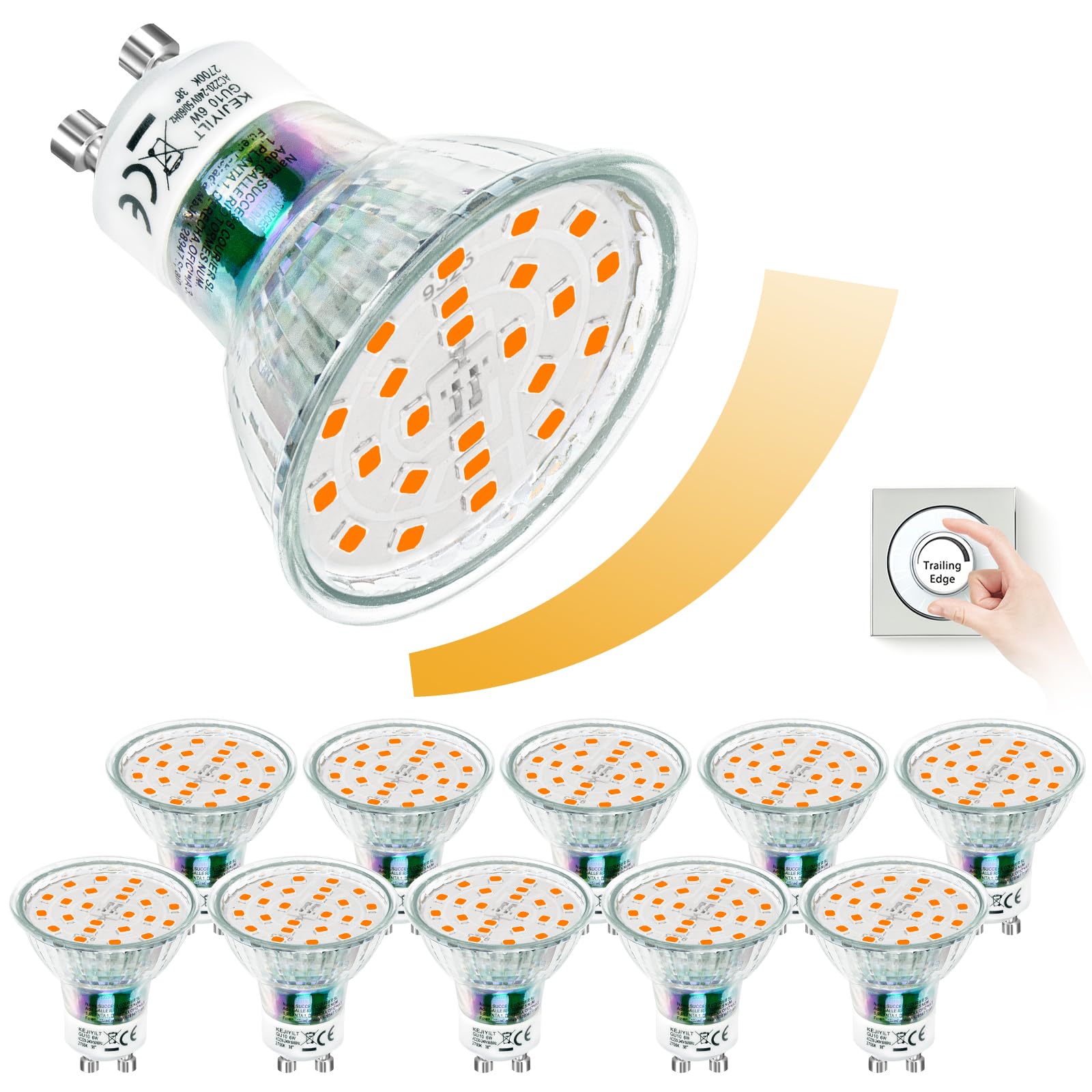KEJIYILT Pack of 10 GU10 Dimmable GU10 LED Bulbs, GU10 Dimmable Warm White 2700K 650lm 6W Replaces 65W Halogen Bulbs, 120° Beam Angle Spot Flicker-Free - 2700K — image 1