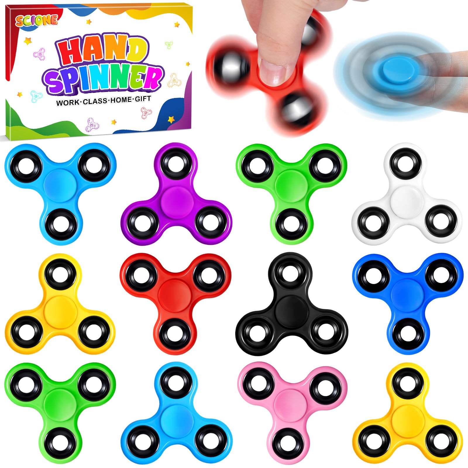 SCIONE 12 Pack Fidget Spinners Set for Kids – 6.3cm Perfect Size Sensory Toys for ADHD, Autism & Focus – Heavy Duty Fidget Toys for Kids – Smooth Spinning Party Bag Gifts & Pass the Parcel Prizes