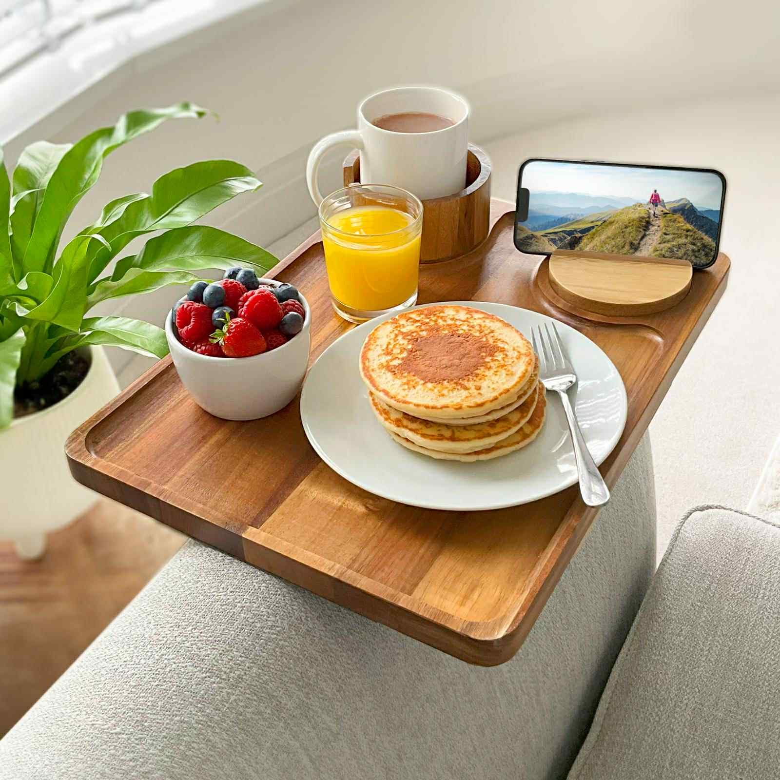 Photo 1 of Couch Arm Table | XL Acacia Wood Folding Sofa Side Tray | 15.8" x 11.8" | Cup & Phone Holder | Adjustable Clip on TV Caddy Armrest Tray | Perfect for Eating Dinner & Snacks | Thin Foldable Organizer