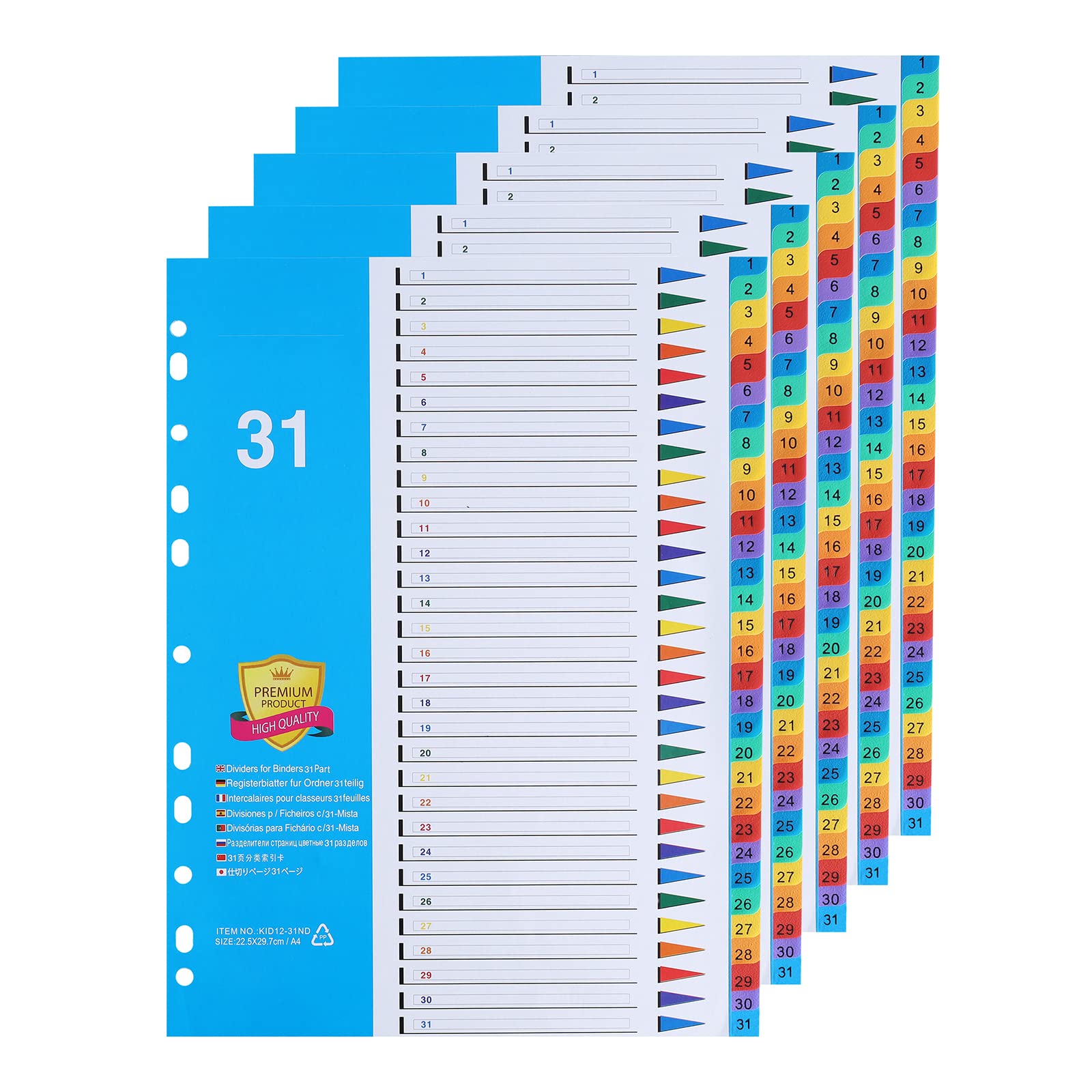 [5 Pack] A4 File Dividers 31 Part Numbered 1-31,Subject Divider with Numbers Multipunched Reinforced Colour Index Tabs for Home Office
