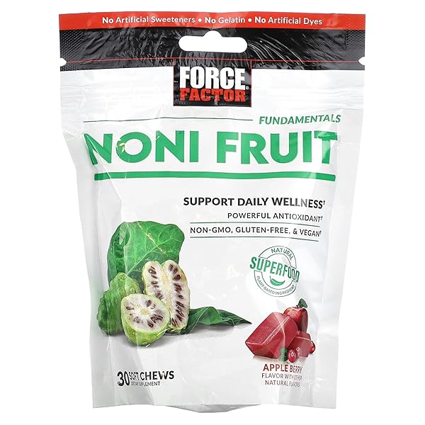 FORCE FACTOR NONI FRUIT CHEWS FOR IMMUNITY AND SKIN HEALTH SUPPORT, NONI JUICE SUPPLEMENT, PLANT-BASED ANTIOXIDANT SUPERFOOD CHEWS, GLUTEN-FREE, & VEGAN, APPLE BERRY FLAVOR, 30 SOFT CHEWS