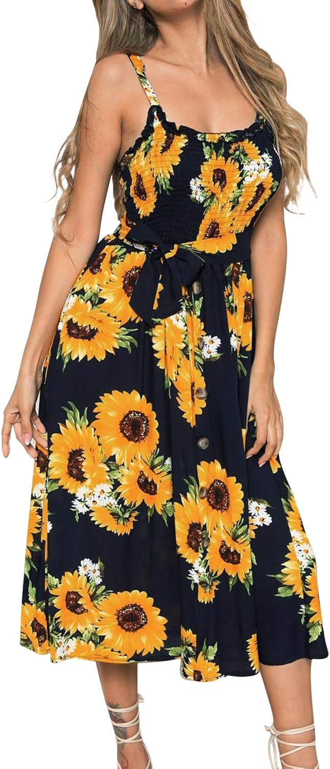 Women's Sunflower Printed Casual Dress Sleeveless Strapy Tank Top