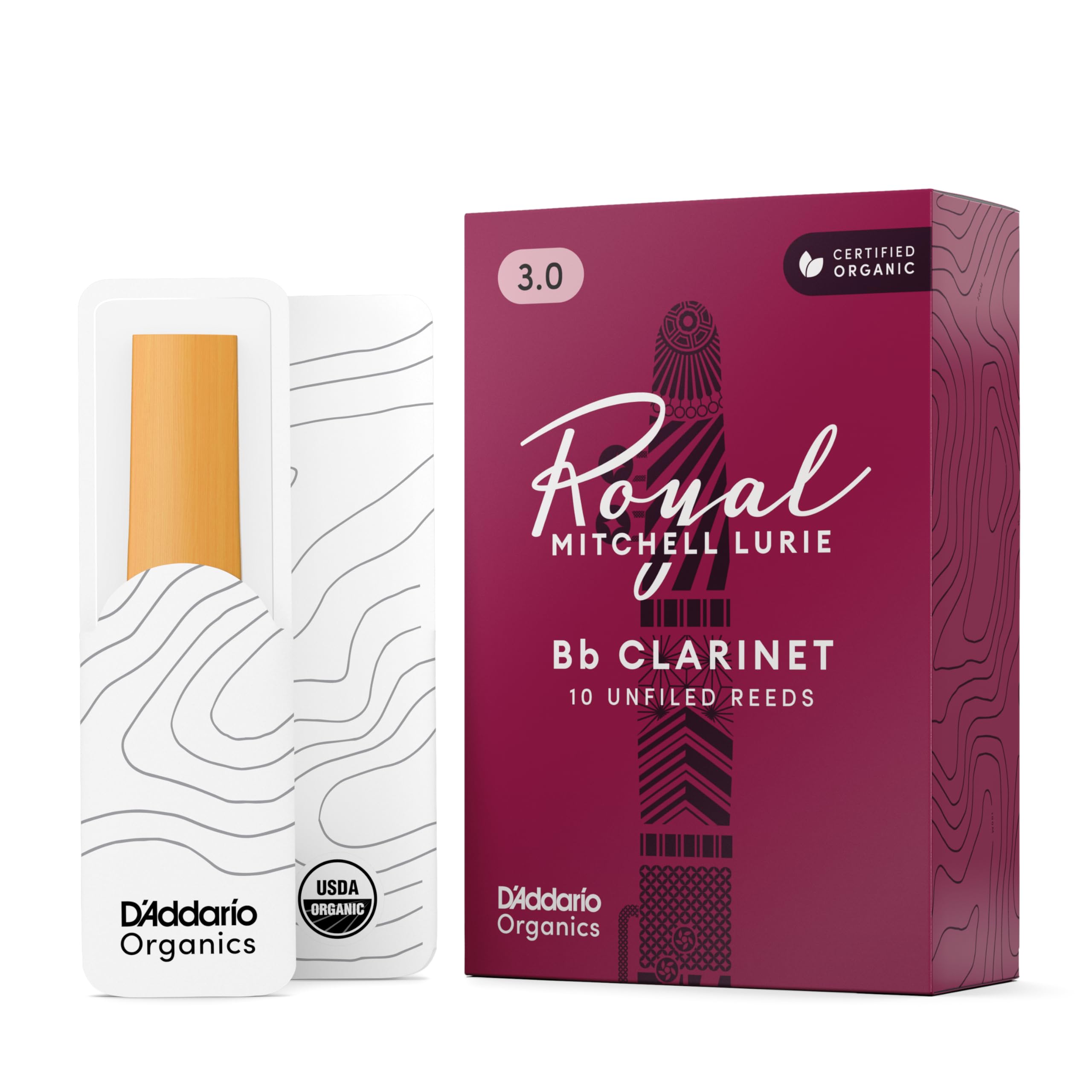 D'Addario Organic Royal Mitchell Bb Clarinet Reeds, Strength 3.0, 10-pack