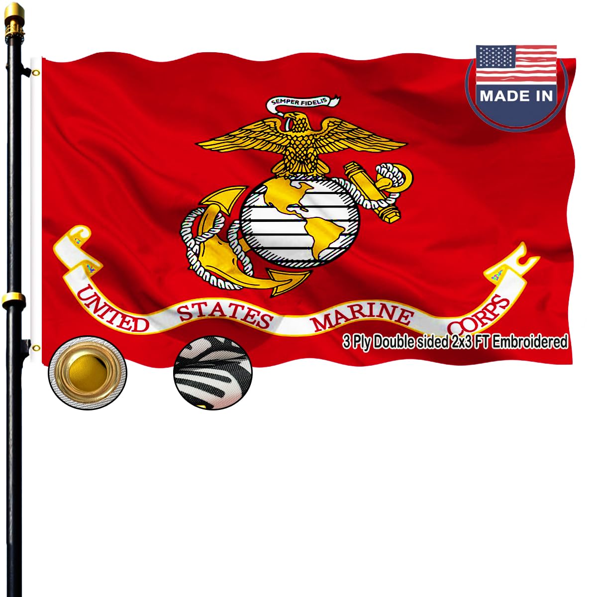 Photo 1 of Embroidered Marine Corps Flag 2x3 Feet - Double Sided Double Needle Stitched Outdoor Heavy Duty Durable USMC Flag with Canvas Header/Brass Grommets for Indoor and Outdoor Decoration