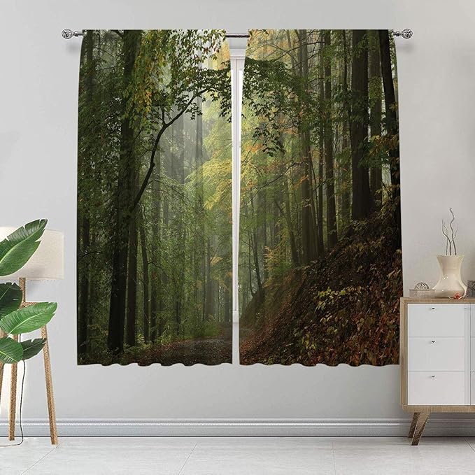 Forest Curtains, Misty Autumn Forest with Shaded Trees Foggy Dreamy Woodland Scene Drapes for