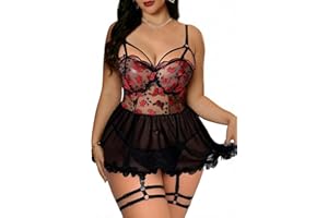 Alrovetoney Plus Size Lingerie for Curvy Women Ruffle Lingerie Set Sexy Lace Lingerie Set Garter Belt with Stockings