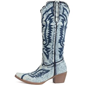 FIFSY Cowboy Boots for Women Knee High Denim Embroidered Jeans Cowgirl Boots Pointed Toe Chunky Heel Vintage Fashion Western