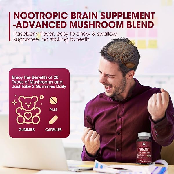 2 PACK MUSHROOM GUMMIES, 20 IN 1 LIONS MANE MUSHROOM COMPLEX SUPPLEMENT WITH REISHI, CHAGA, CORDYCEPS & MORE FOR ADULT, SUPPORT FOR BRAIN, FOCUS & COGNITIVE HEALTH, VEGAN, RASPBERRY FLAVOR, 120CT